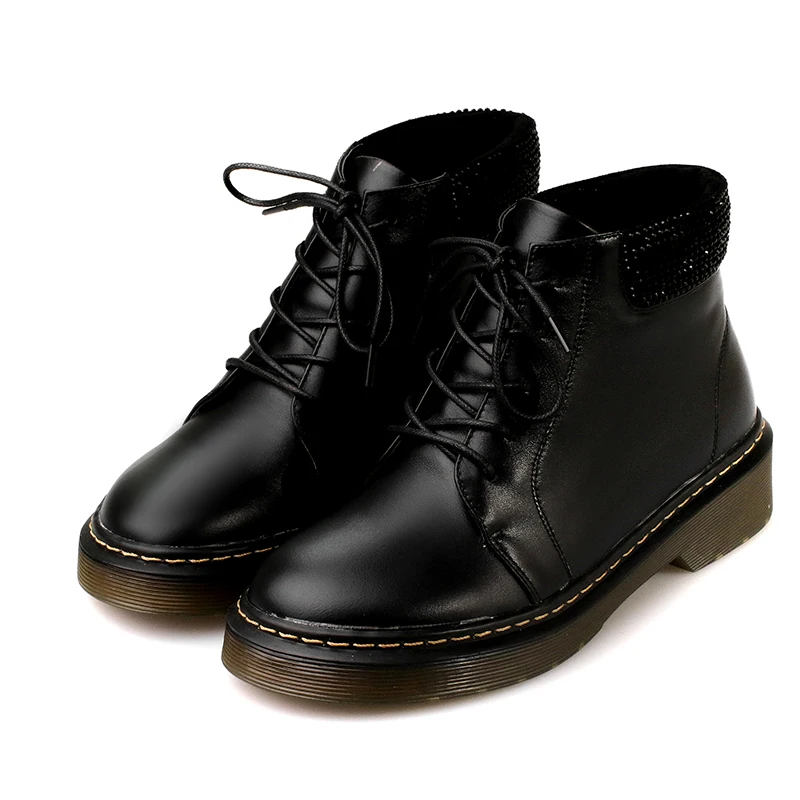 

2016 new winter boots women solid color flat leather ankle boots lace Martin boots size 34-39