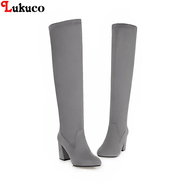 

Lukuco 2019 New Flock Leather Women Knee High Boots Slip On Sexy High Heels Women Shoes Lace Up Winter Boots Warm Size 34-48