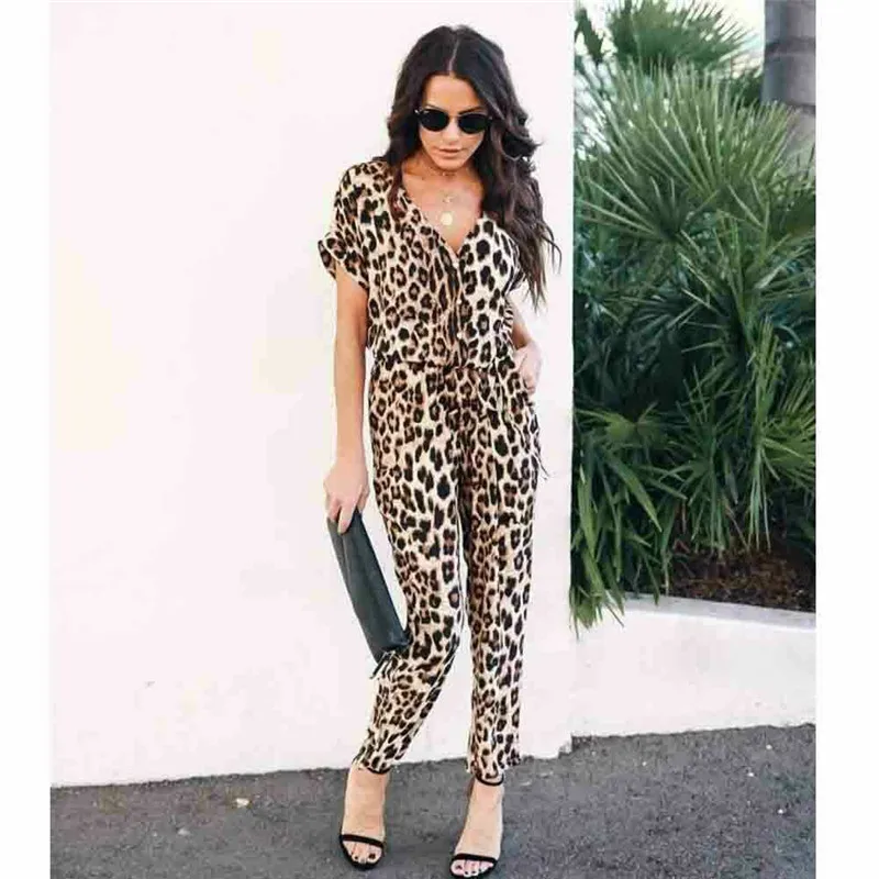 

New Women Jumpsuits Cotton Strappy Leopard Ladies Holiday Playsuit Summer Beach V-neck Sexy Wears Fashion