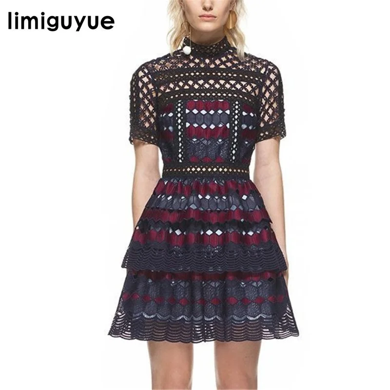 

limiguyue high quality hollow out colorful lace dress women short sleeve turtleneck party dress self portrait dresses H0840