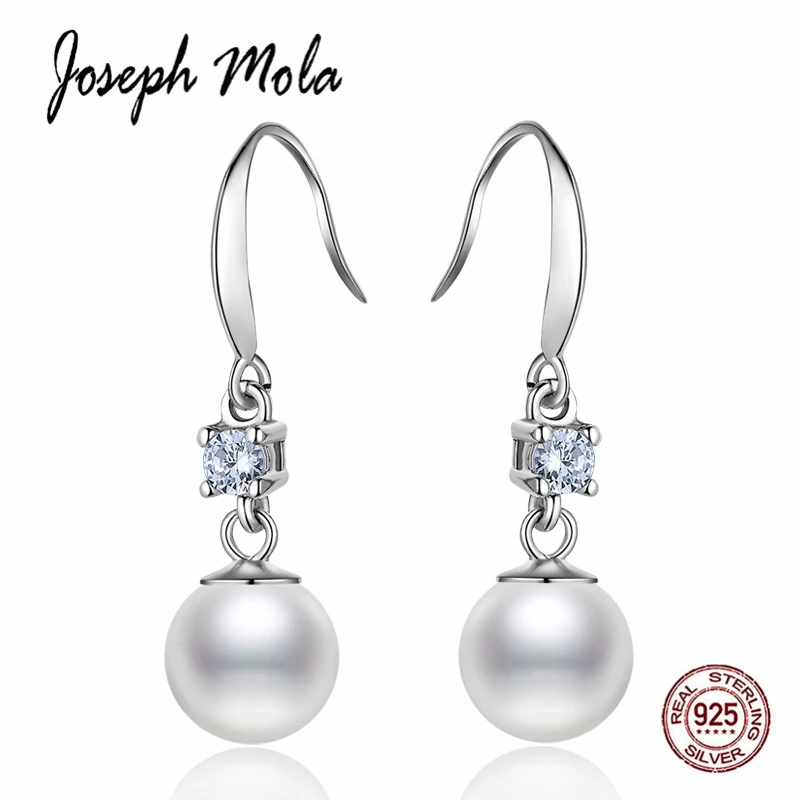 

Joseph Mola 925 Sterling Silver Exquisite CZ Stone Round White Freshwater Pearls Drop Earrings for Women Party Fine Jewelry Gift