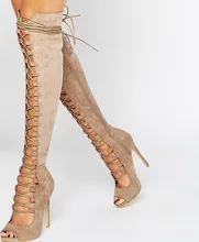 Hot Selling Black Taupe Suede Lace-up Strappy Over The Knee Boots Peep Toe Cut-out Gladiator Sandals Boots Women High Heel Shoes hot selling women solid blue denim leather over the knee peep toe boots autumn fashion platform side zipper cut out lace booties