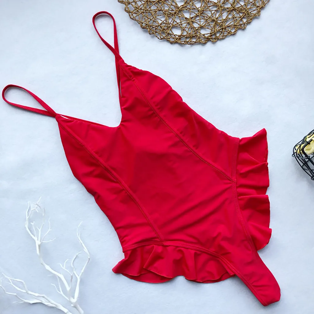 

Red One Piece Swimsuit Female 2019 Sexy V-Neck Push Up Swimwear Women Ruffle High Cut Monokini Swimming Suit For Women