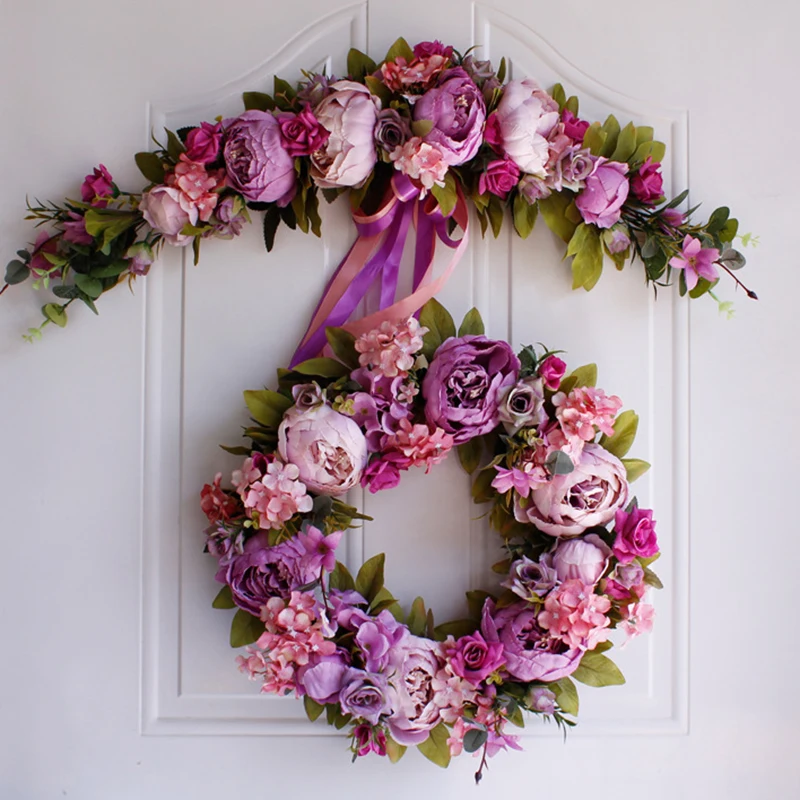 Christmas Silk Peony Rose Artificial Flowers Wreath Door High Quality Artificial Garland For Wedding decoration Home Party Decor