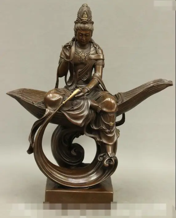 

S07043 17 Chinese Pure Red Bronze GuanYin Kwan-yin Goddess Ride Leaf Buddha Pot Statue