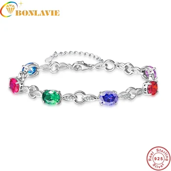 

BONLAVIE Natural garnet, blue topaz, amethyst 925 silver bracelet, 6 pieces of oval 6mm*8mm , beautiful color and fashion design