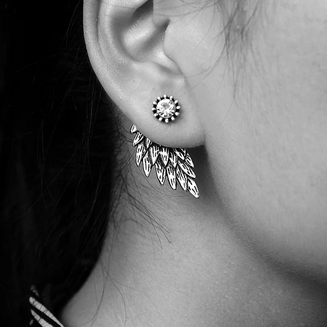 Vintage Gothic Angel Wing Alloy Stud Earrings Cool Black Antique Vintage Gothic Angel Wing Alloy Stud Earrings Cool Black Antique Silver Color Feather For Women