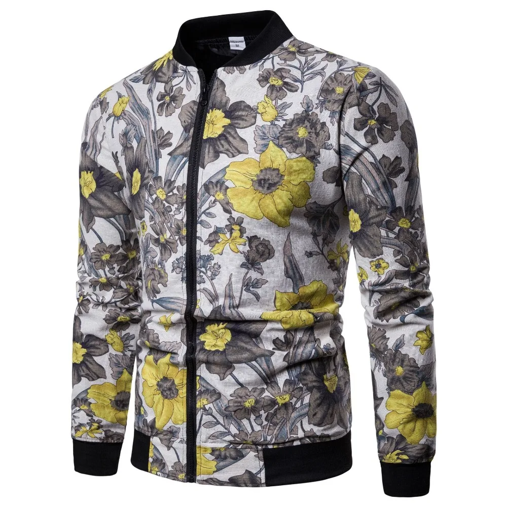 

2018 New Fashion Men's Jacket Flower Print Bomber Jacket Autumn men's linen jacket Jaqueta masculino Casual Male Clothing Top