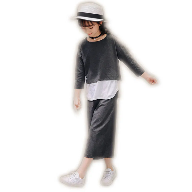 

2018 New Spring Autumn Korea Girl Fashion Long Sleeve Patchwork Clothing Suit Kid Spliced T-Shirt +Wide Leg Pants 2 Pcs Set E351