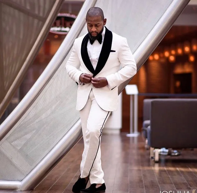 

Men Formal Suits Blazer White Bespoke Men Suits With Black Shawl Lapel 2 Pieces Jacket and Pants For Wedding Groom Prom Tuxedos