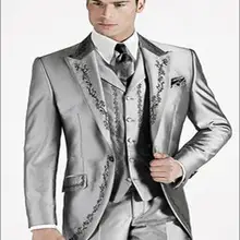 Модные серебряные смокинги друзей жениха на одной пуговице мужские свадебные костюмы жениха(пиджак+ брюки+ жилет+ галстук) K: 790