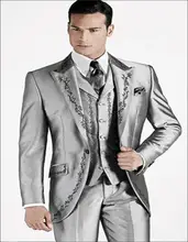 Fashionable One Button Silver Groom Tuxedos Groomsmen Men’s Wedding Prom Suits Bridegroom (Jacket+Pants+Vest+Tie) K:790