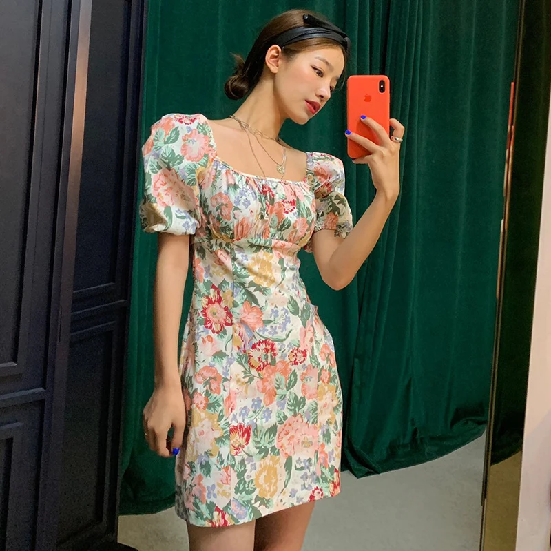 

Sexy Lady Nice Figure Flower Print Dress Square Neck Puff Sleeve Short Dress Petite Robe Femme Vestido Mujer Vestiti Donna