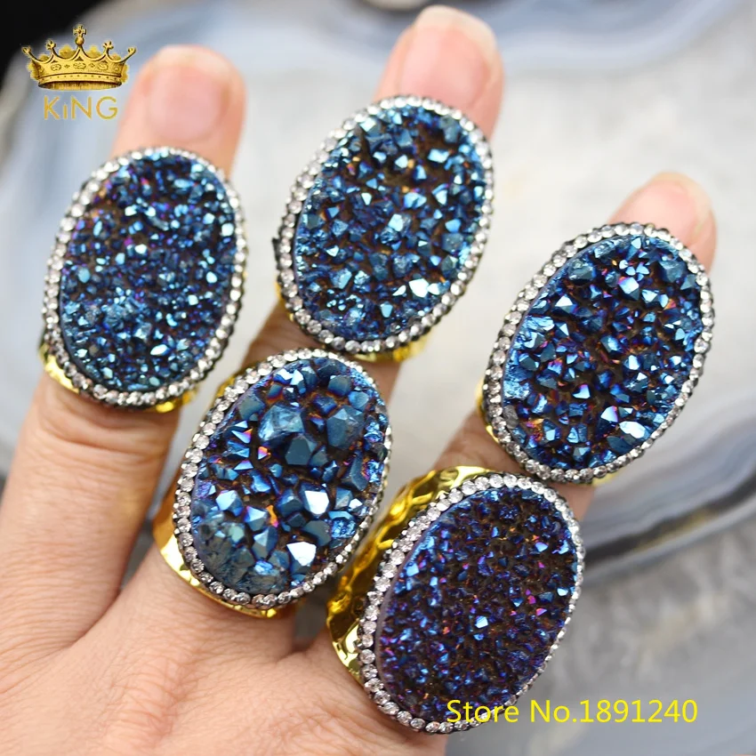 

5pcs Druzy Ring Fashion Jewelry,Oval Rings,Raw Agates Titanium Blue Drusy Beads Paved Rhinestone Crystal Plated Gold Rings YT119