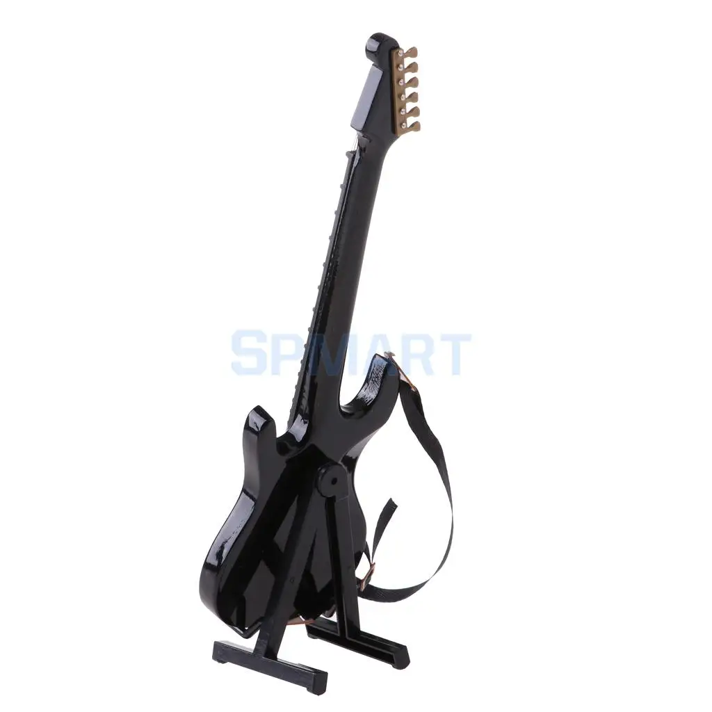 1/6 Scale Dollhouse Miniature Wooden 6-Ctrings Electric Guitar Musical Instrument Model w/ Stand for Dolls Accessory