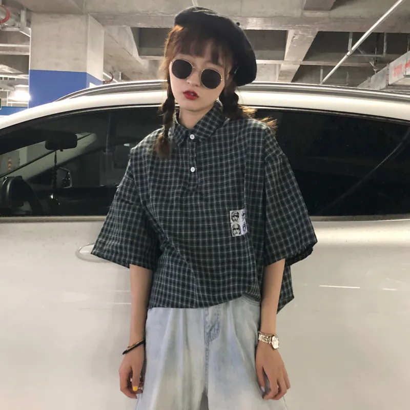 2 цвета Mihoshop Ulzzang Корейская женская модная одежда летняя с отворотом в клетку
