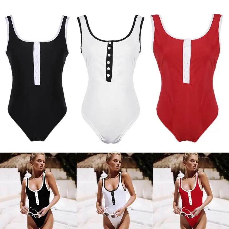 

Bikini 2019 Sexy Swimsuit Women One Piece Swimwear Strap Button Solid Color Bathing Suit Summer Female Backless Swimming Suit