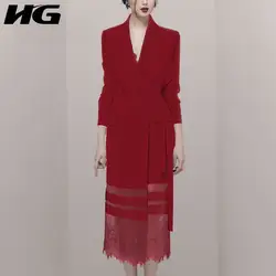 [HG] знаменитости темперамент Женский блейзер 2019 французская мода Винтаж длинный рукав одноцветное свободное платье кружево повязку пальто
