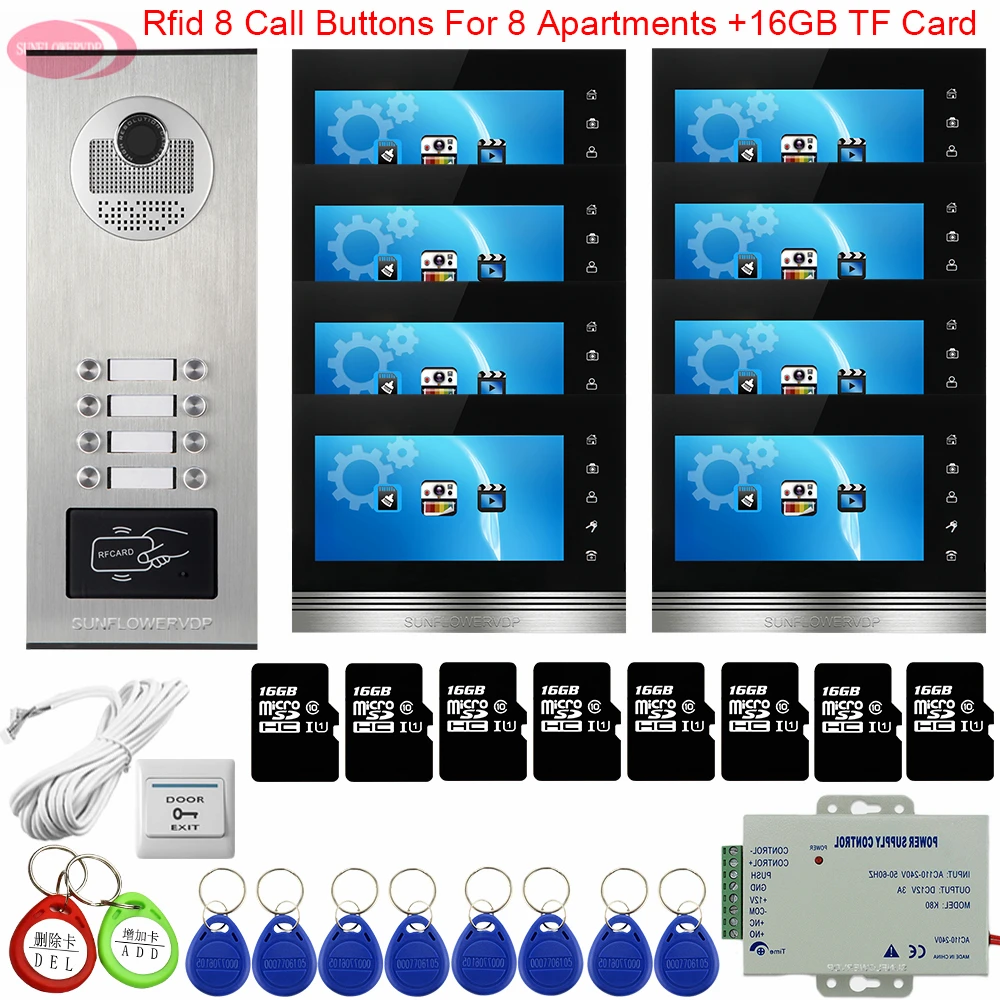 7 дюймов Цвет сенсорные кнопки видео домофон с Запись + 16 GB TF карты RFID видео домофон Системы Открытый Водонепроницаемый дверной Звонок