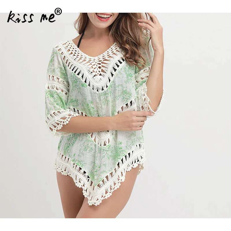 

Sexy Bikini Cover Up Hollow Floral Short Beach Dress Lace Half Sleeve Beach Swimsuit Cover Ups For Women Pareo Beach Wrap