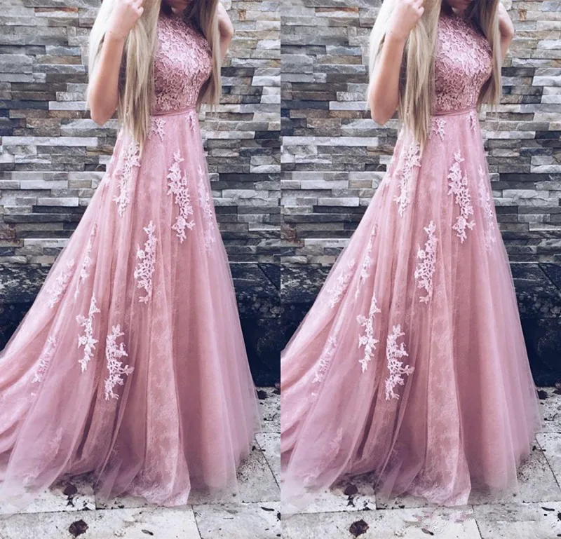 

Pink Robe De Soiree 2019 A-line High Collar Tulle Appliques Lace Sexy Long Prom Dresses Prom Gown Evening Dresses