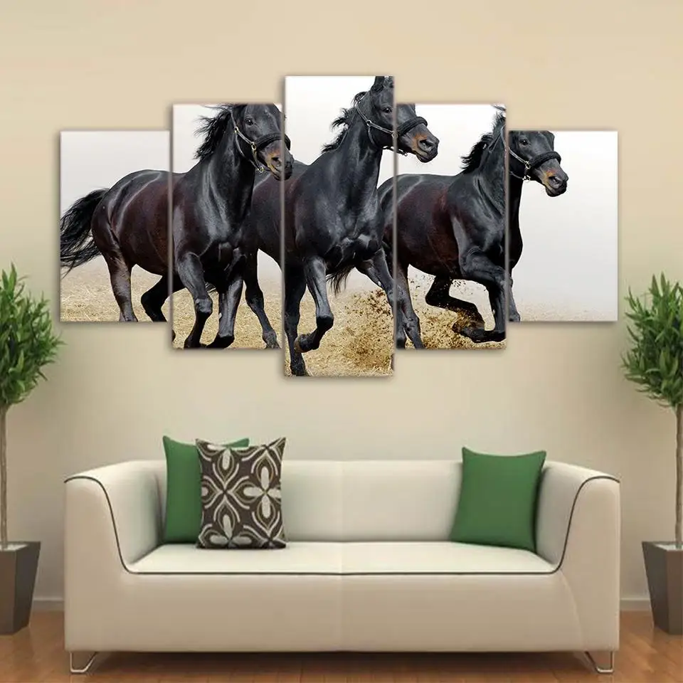 Wall decor 3 Black Horses Running Galloping Panel Wall Art on Canvas