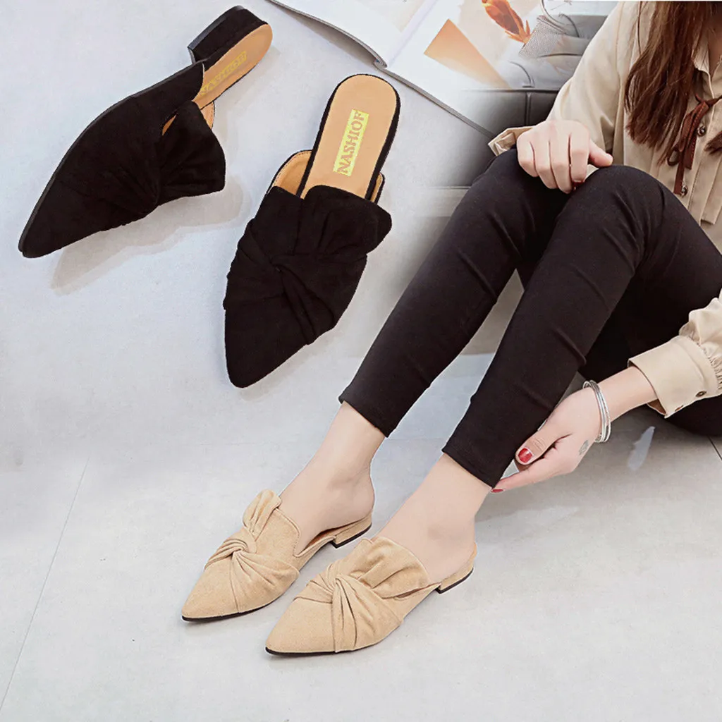 Women Slippers Flock Bowtie Female Mules Fashion Low Heels Shoes Pointed Toe Ladies Plus Size Elegant Woman Slipper#3