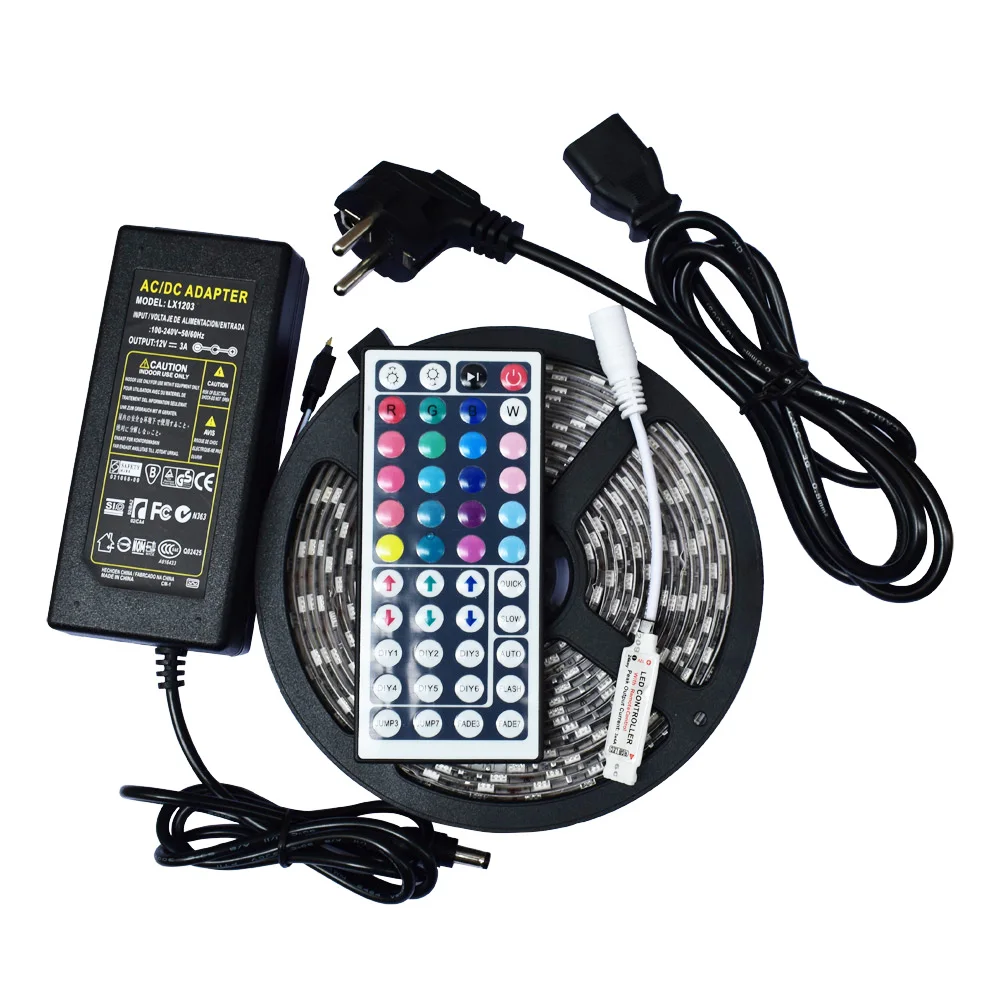 

5050 IP65 Waterproof Flexible LED Strip Light 5M 60leds/m RGB LED Tape with 44 Keys Remote Controller +12V 3A Power Adapter Kit