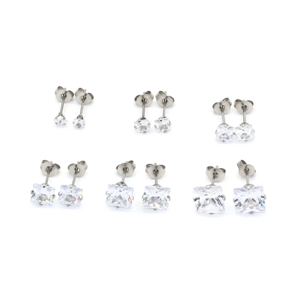 

PE13 Titanium Earrings With AAA Square 3mm to 8mm Clean Zircons 316l Stainless Steel Earring IP Plating No Fade Allergy Free