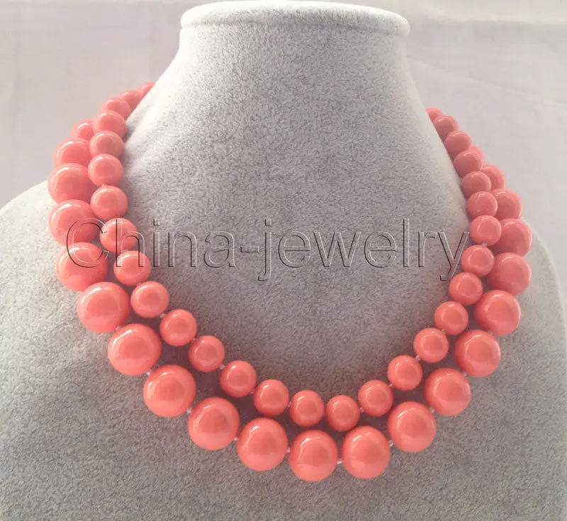 

CSR356 FREE shipping>>>> Beautiful 17-18" 2row 10-14mm pink coral color south sea shell pearl necklace 6.07