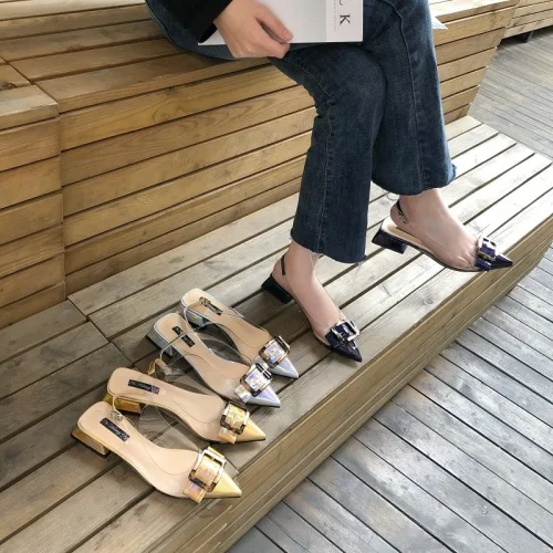 

Odinokov Women Pumps Buckle Lady Pointed Toe Princess Style Slingback Fashion Shoe Sandals Gold Heels Silver Blue Shoes