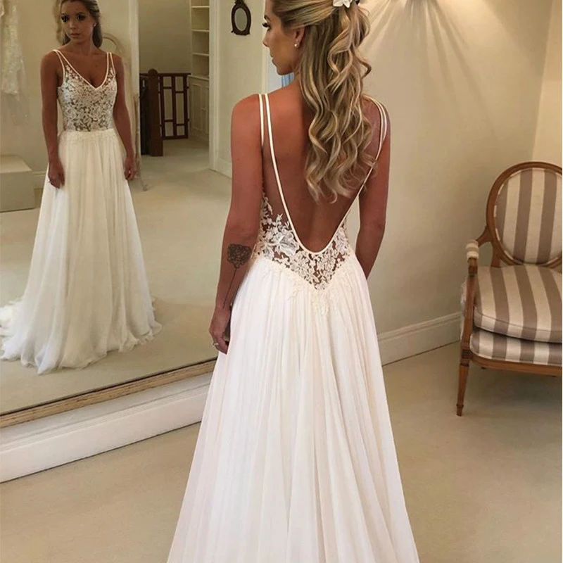 Bohemian Wedding Dress Sleeveless V-Neck Lace Open Back Unique Romantic Backless Boho Beach Bridal Gowns