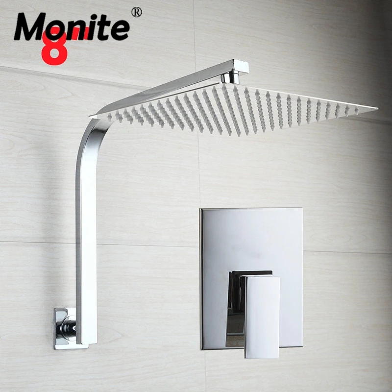 

Chrome Shower Valve 8Inch Square Head W/ Wall Mounted Super Thin Goose Neck Arm Shower Set Faucets