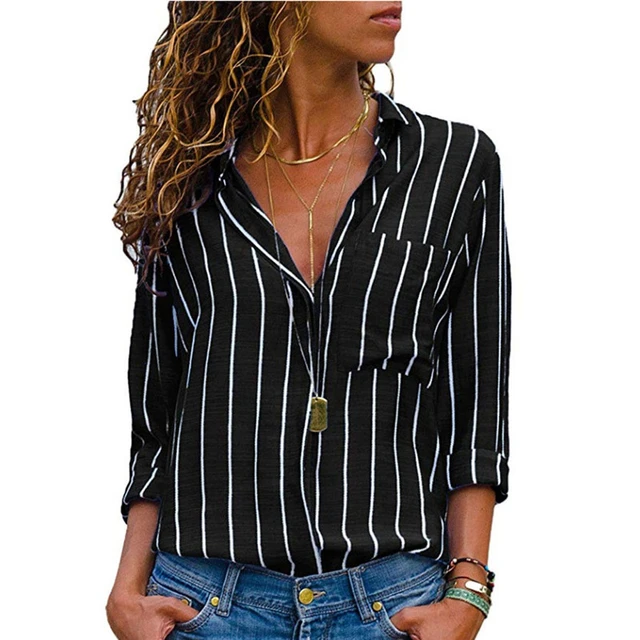 Camisas a rayas de manga larga para mujer, camisetas sueltas de otoño, blusas de manga larga, blusa Casual moda, ropa de mujer con cuello V _ - AliExpress Mobile