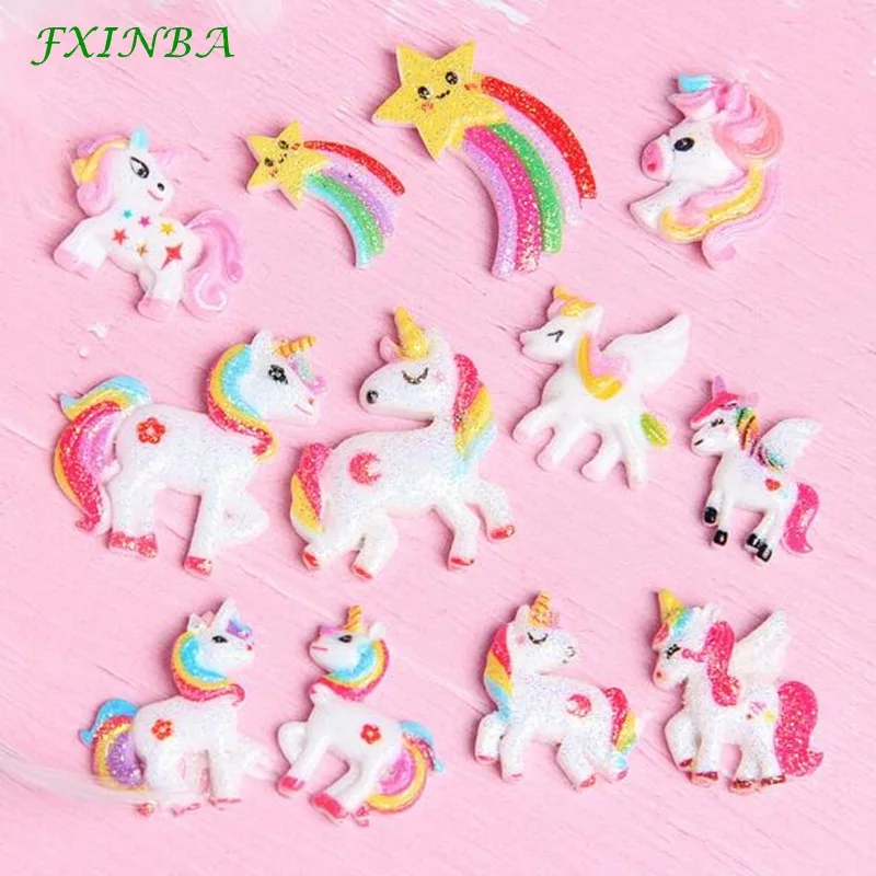 

FXINBA 1/3/5/10pcs New Glitter Rainbow Unicorn Charms Slime DIY Ornament Phone Decor Resin Charms Lizun Clay Slime Supplies Toys