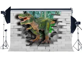 

Dinosaur Backdrop Broke The White Brick Wall Jurassic Period Jungle Forest Trees Cartoon Fairytale Background