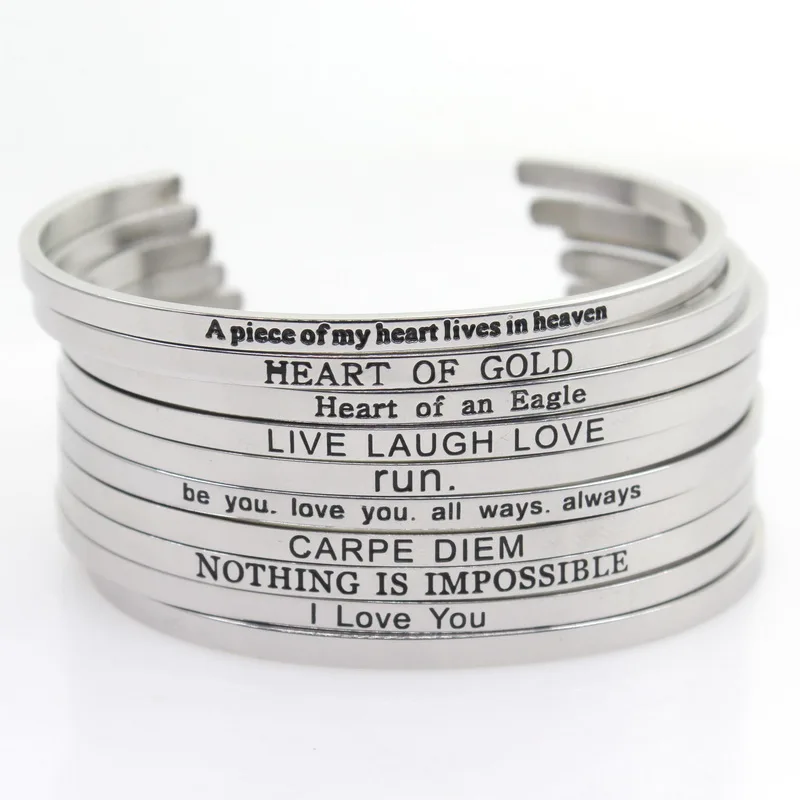 New Silver Stainless Steel Bangle Engraved Positive Inspirational Quote Hand Stamped Cuff Mantra Bracelets For Men Women