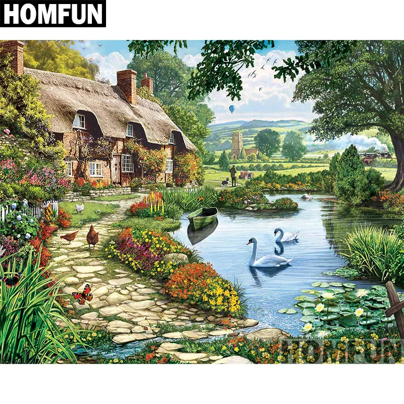 

HOMFUN Full Square/Round Drill 5D DIY Diamond Painting "Lakeside Cottage" 3D Embroidery Cross Stitch 5D Home Decor A00794