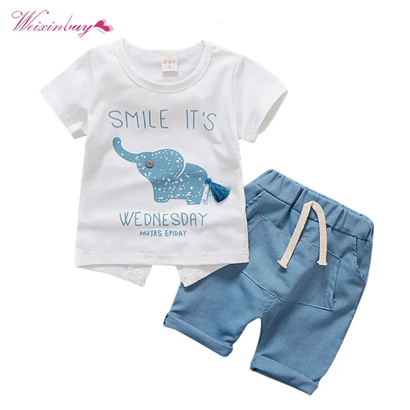 Одежда для маленьких мальчиков коллекция года, летняя брендовая одежда для младенцев футболки с короткими рукавами с изображением слона Топы штаны в полоску, детские костюмы для бега Bebes