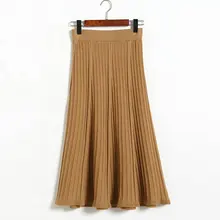 Женская зимняя винтажная плиссированная юбка, Элегантные вязаные юбки, чистый цвет, эластичная высокая талия, большие длинные юбки, женская нижняя часть