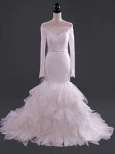 Vintage Boat Neck Mermaid Lace Wedding Dress Long Sleeve Skirt Tiered Sweep Train Vestido De Novia NM 558