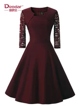 Deodar Women Patchwork Vintage A-Line Dress Half Sleeve Back Hollow Out Big Swing Female Rockabilly Autumn Party Dress Deodar Women Patchwork Vintage A-Line Dress Half Sleeve Back Hollow Out Big Swing Female Rockabilly Autumn Party Dress
