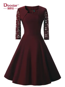 

Deodar Women Patchwork Vintage A-Line Dress Half Sleeve Back Hollow Out Big Swing Female Rockabilly Autumn Party Dress