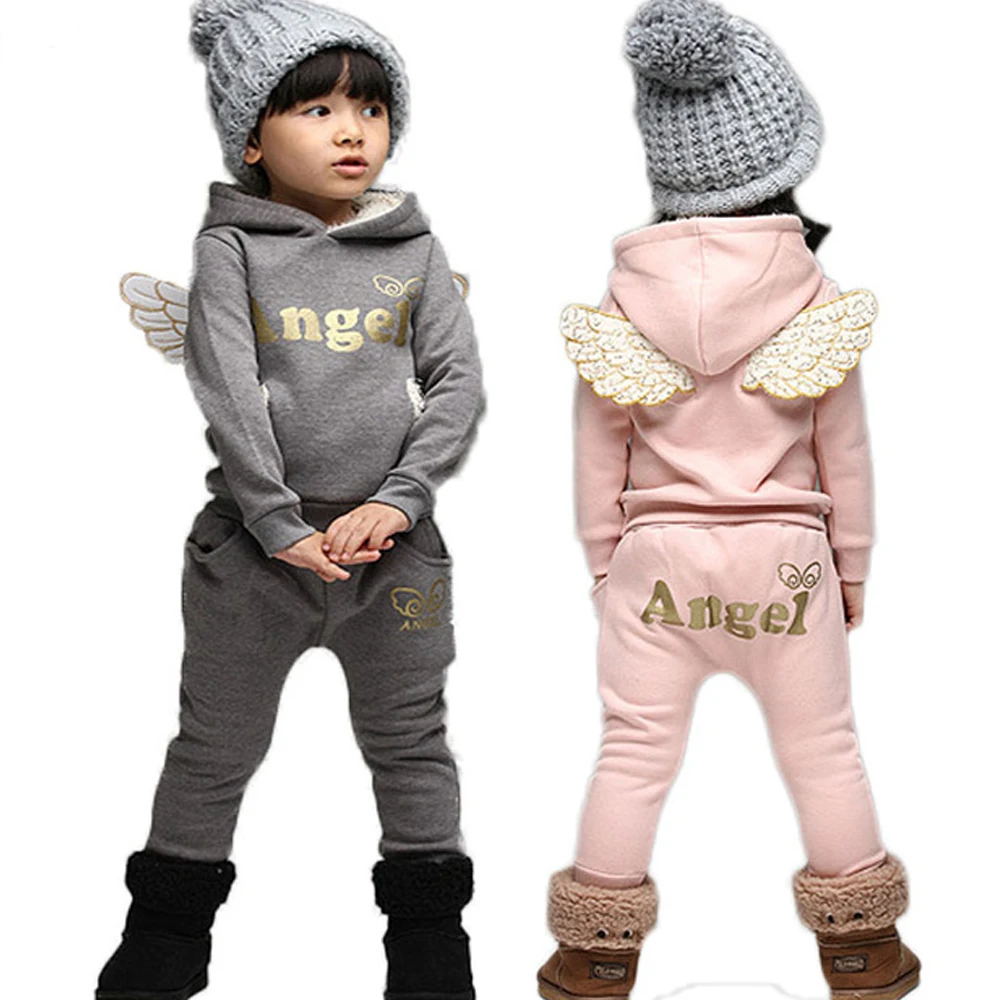 

Children Clothes Autumn Boys Girls Angel Wings Set Thick Hooded Shirt + Solid Color Trousers Children Suit Girls Angel Set