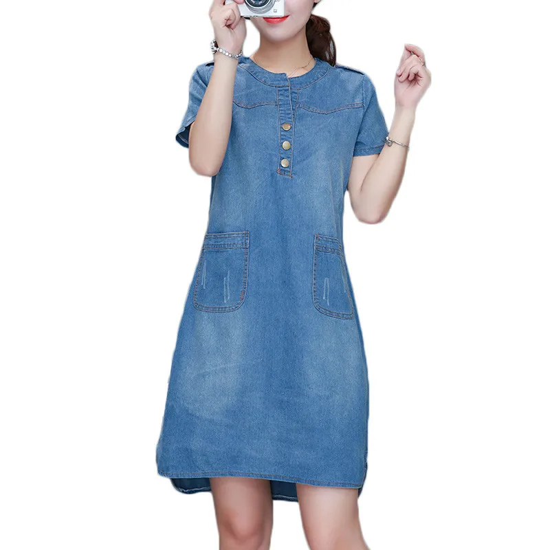 

Summer Denim Dress Women Plus Size V-Neck Short Sleeve Denim Jeans Dress Pocket Women Clothing Dresses Robe