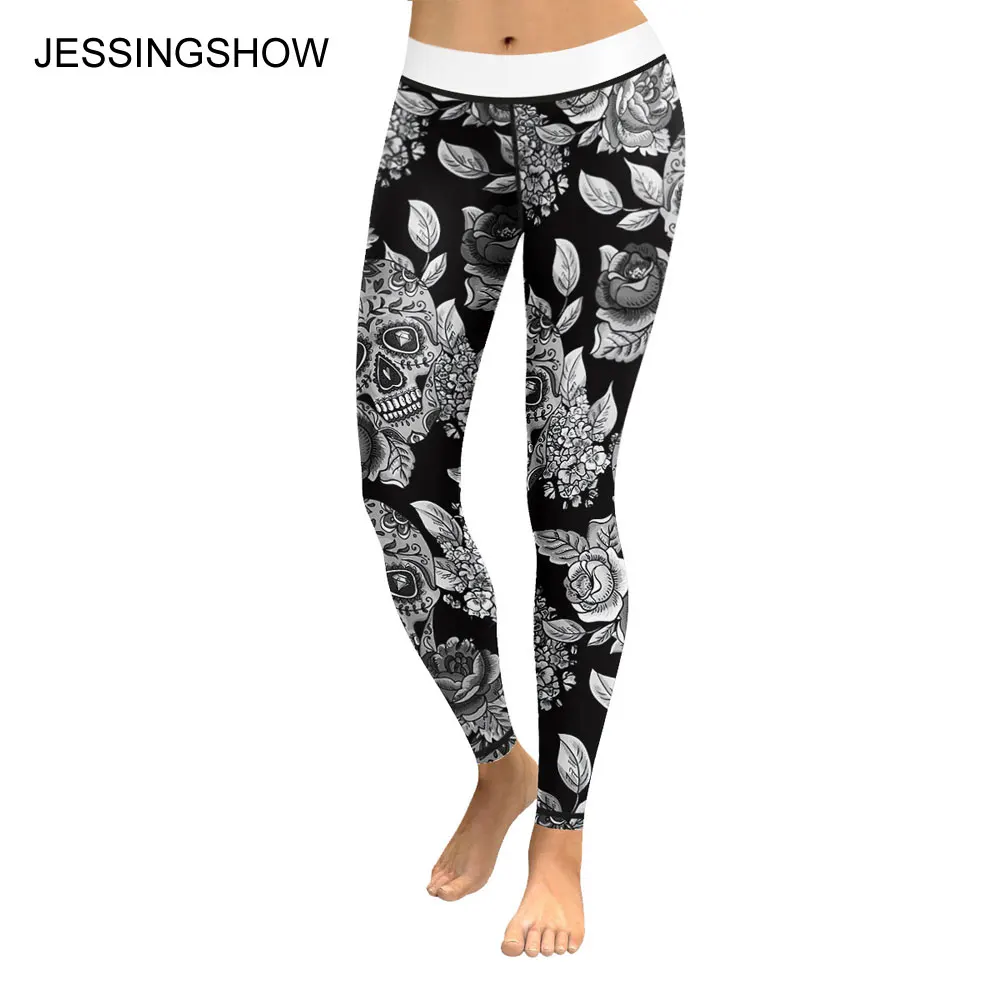 

Jessingshow Women Vintage Leggings Leggins Casual Slim Punk Goth Rock Style Plants Skull 3D Print Black Gothic Pants Clothing