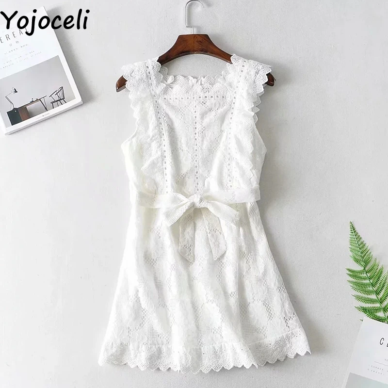 Yojoceli, элегантные вечерние короткие белые кружевные платья с рюшами, женское летнее платье с цветочным рисунком и поясом, женское сексуальное пляжное Повседневное платье vestidos