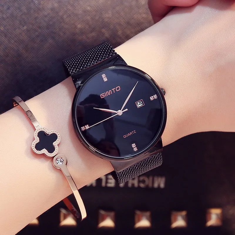 Luxury GIMTO Fashion Ladies Watches Rose Gold Women Watches Elegant Minimalism Rhinestone Casual Black Female Waterproof Clock
