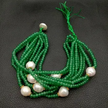 

8" 10 Strands Faceted Green Jade White Pearl Bracelet