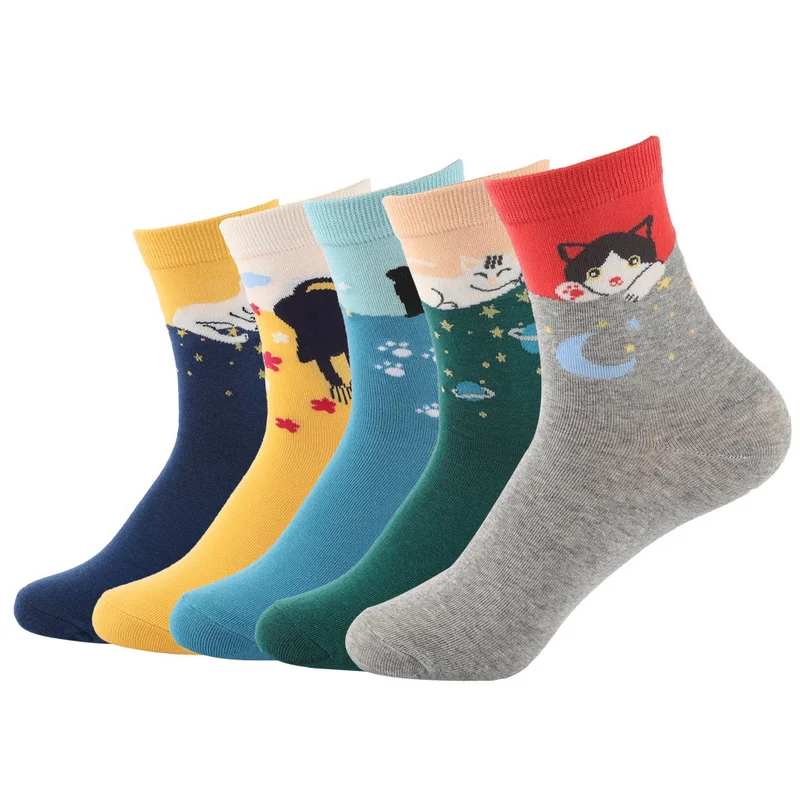 5 пар Eur36-42, женские осенне-зимние милые носки из хлопка с кошкой, женские модные носки с геометрическим узором s177 - Цвет: s17701